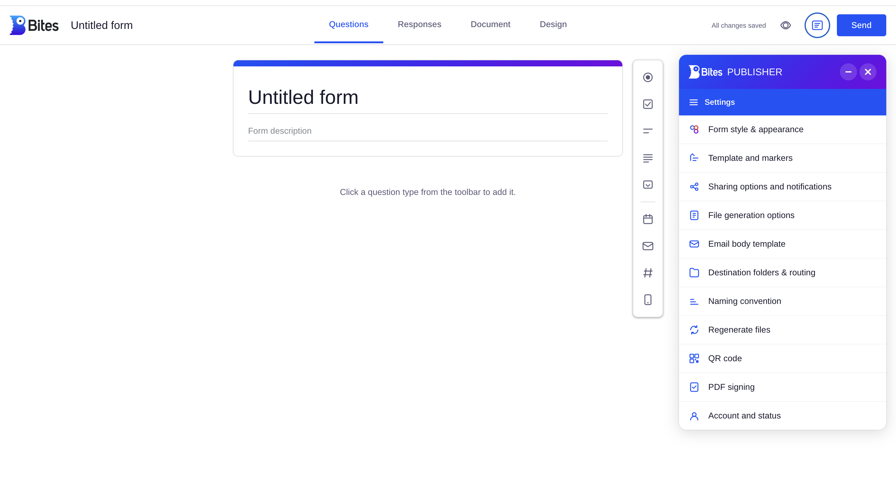 Bites Forms builder, question toolbar, live form preview, and publisher settings panel