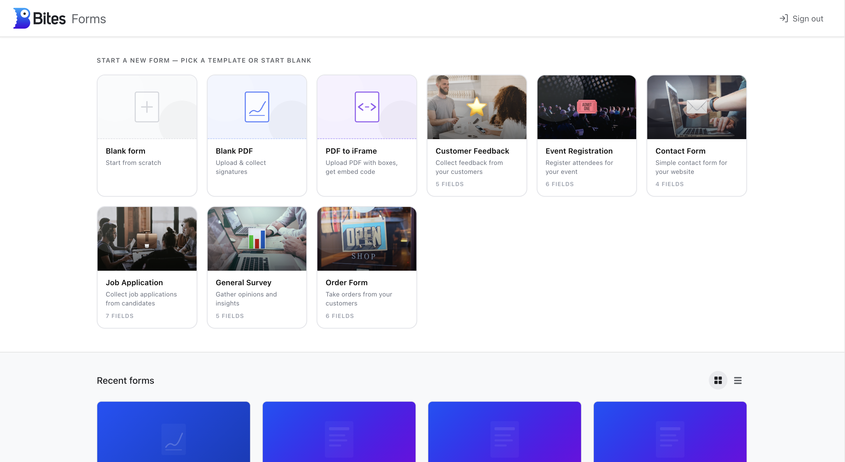 Bites Forms, template gallery