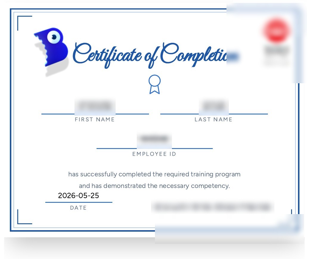 Real training certificate from the flow, employee name, ID, and company blurred
